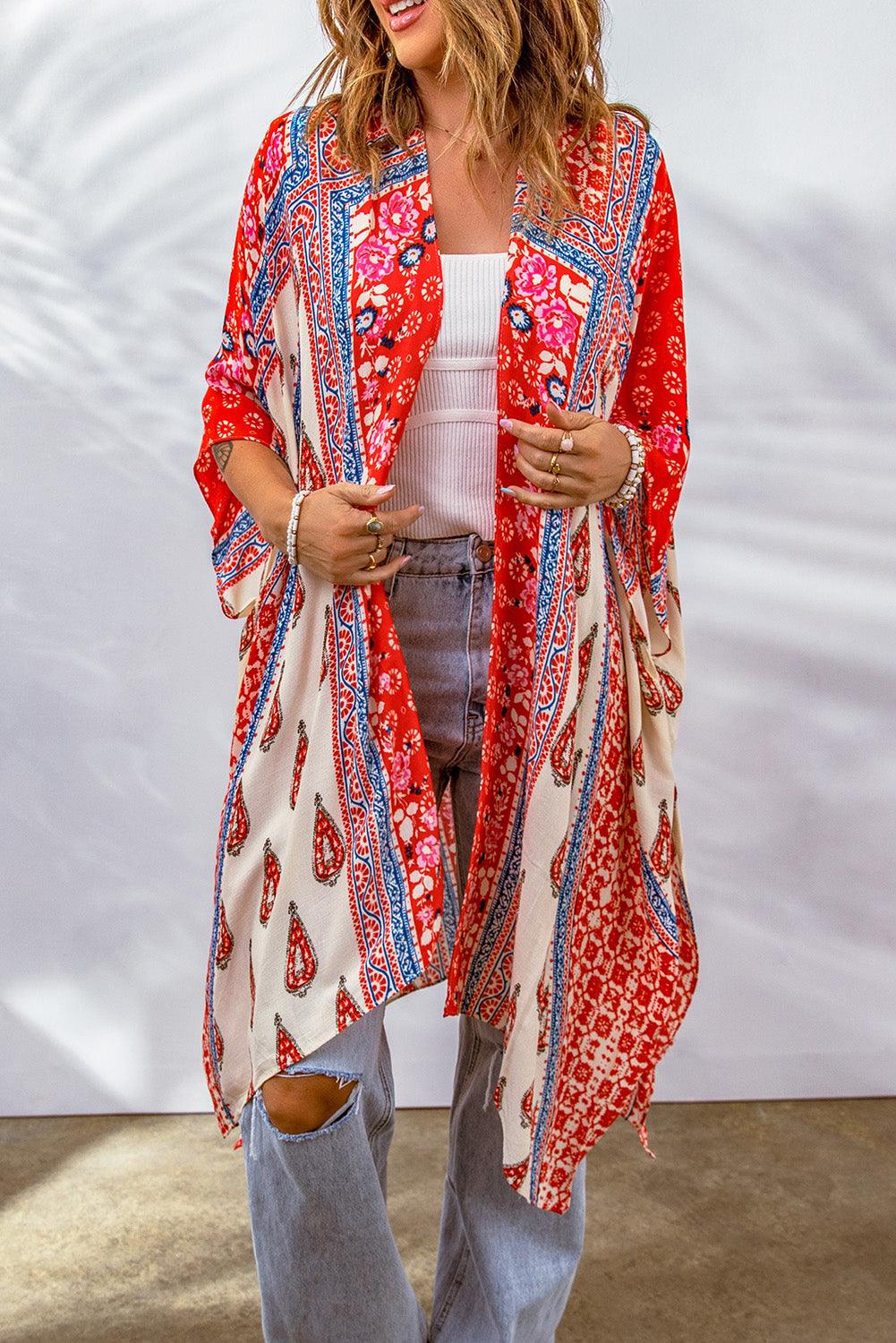 Printed Paisley, Open Front Kimono/ Red & Blue Bandana