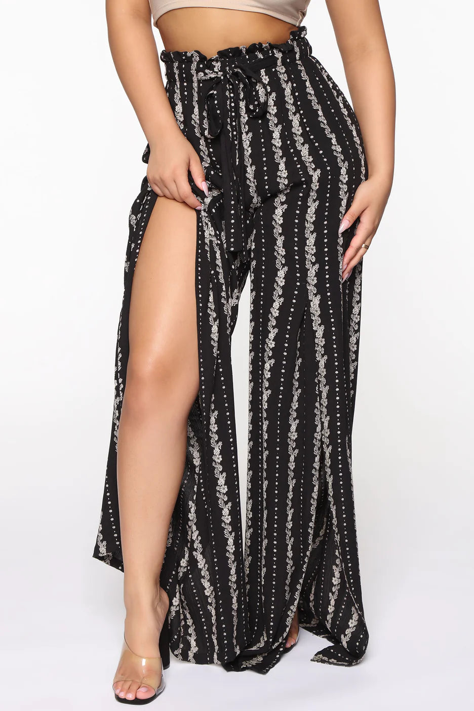 Wide-Leg Palazzo Pant Floral Stripe/ Black