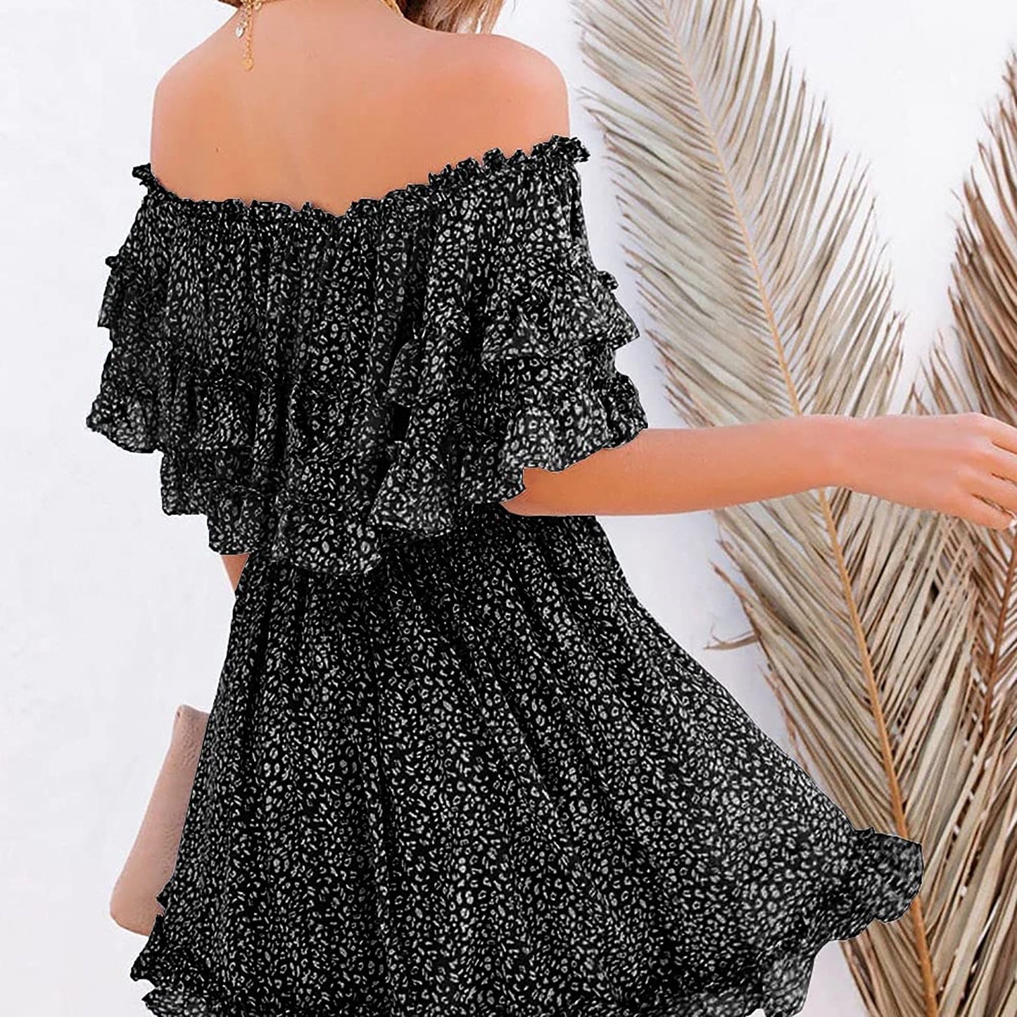 Flowy Off Shoulder Speckled Ruffle Mini Dress/ Black & White