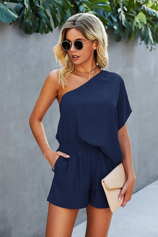 One-Shoulder Solid Short Sleeve Romper with Pocket/ Royal Navy