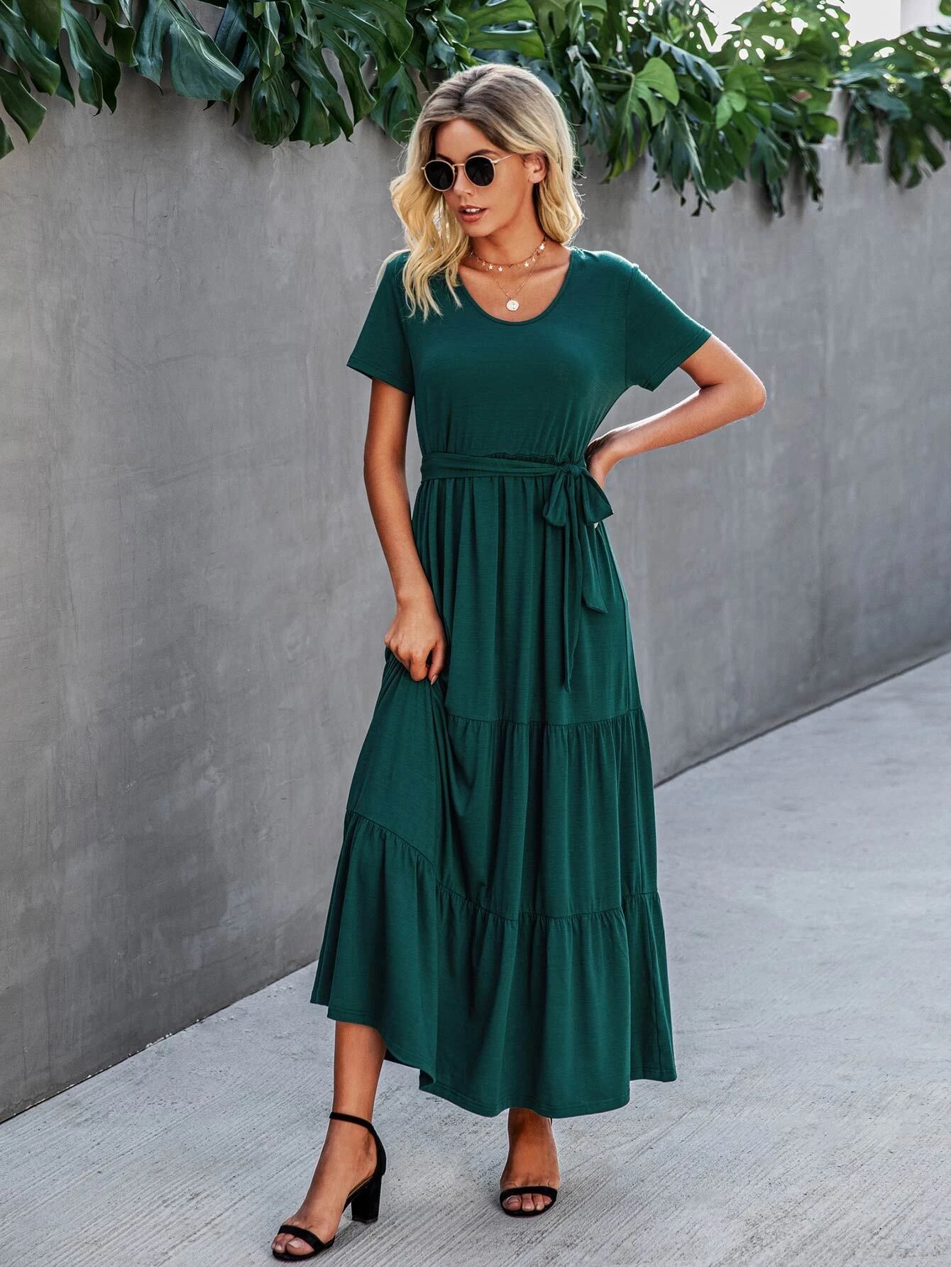 Solid Ruffle Hem Belted Maxi Dress/ Emerald