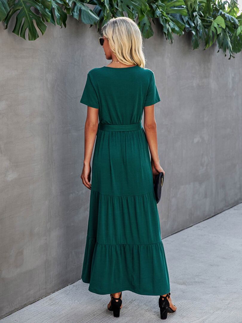 Solid Ruffle Hem Belted Maxi Dress/ Emerald