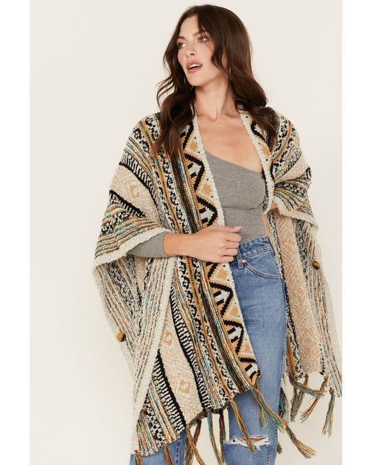 Southwestern Print Fringe Sweater Shawl/ Gold