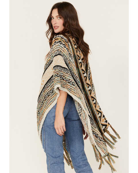 Southwestern Print Fringe Sweater Shawl/ Gold