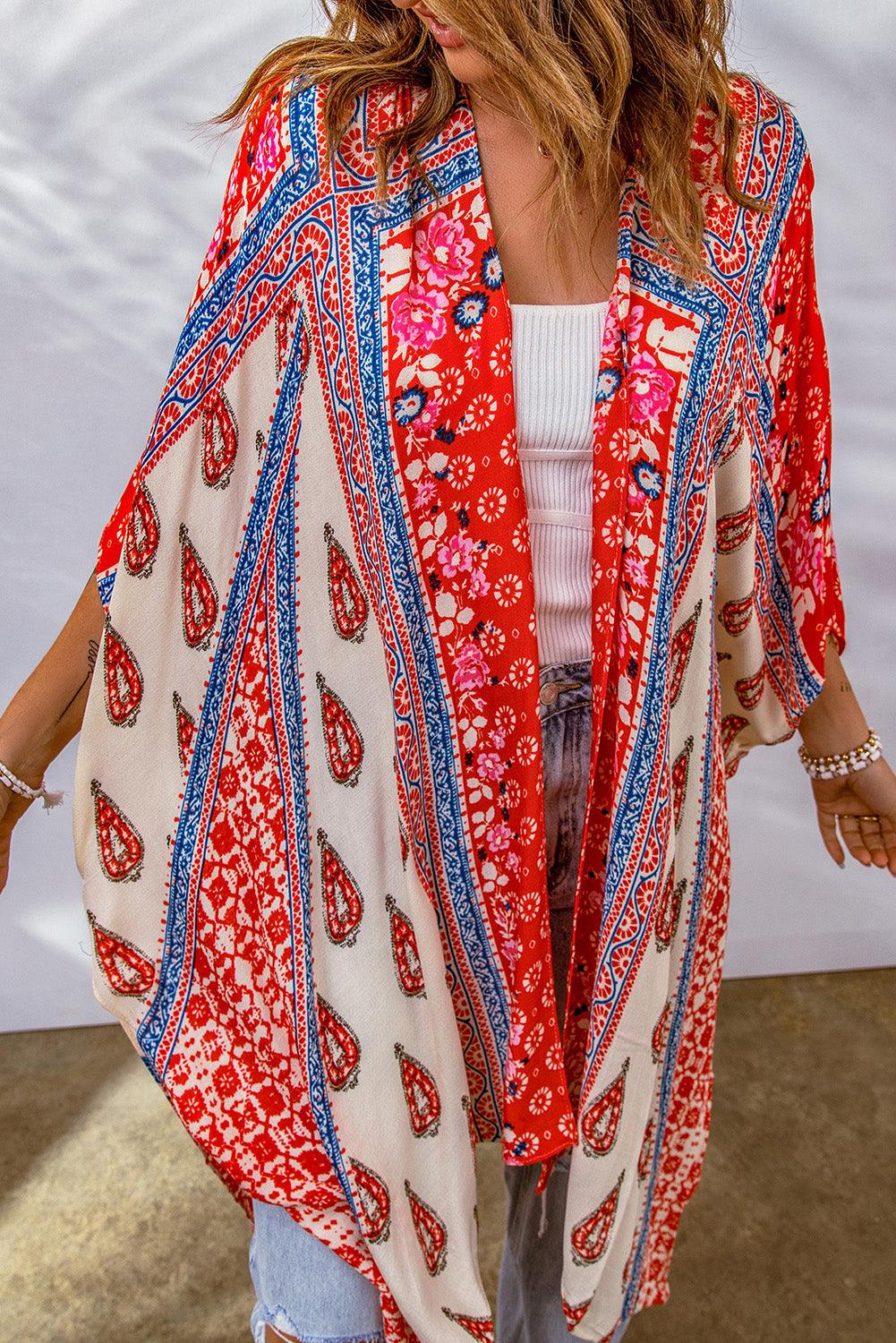 Printed Paisley, Open Front Kimono/ Red & Blue Bandana