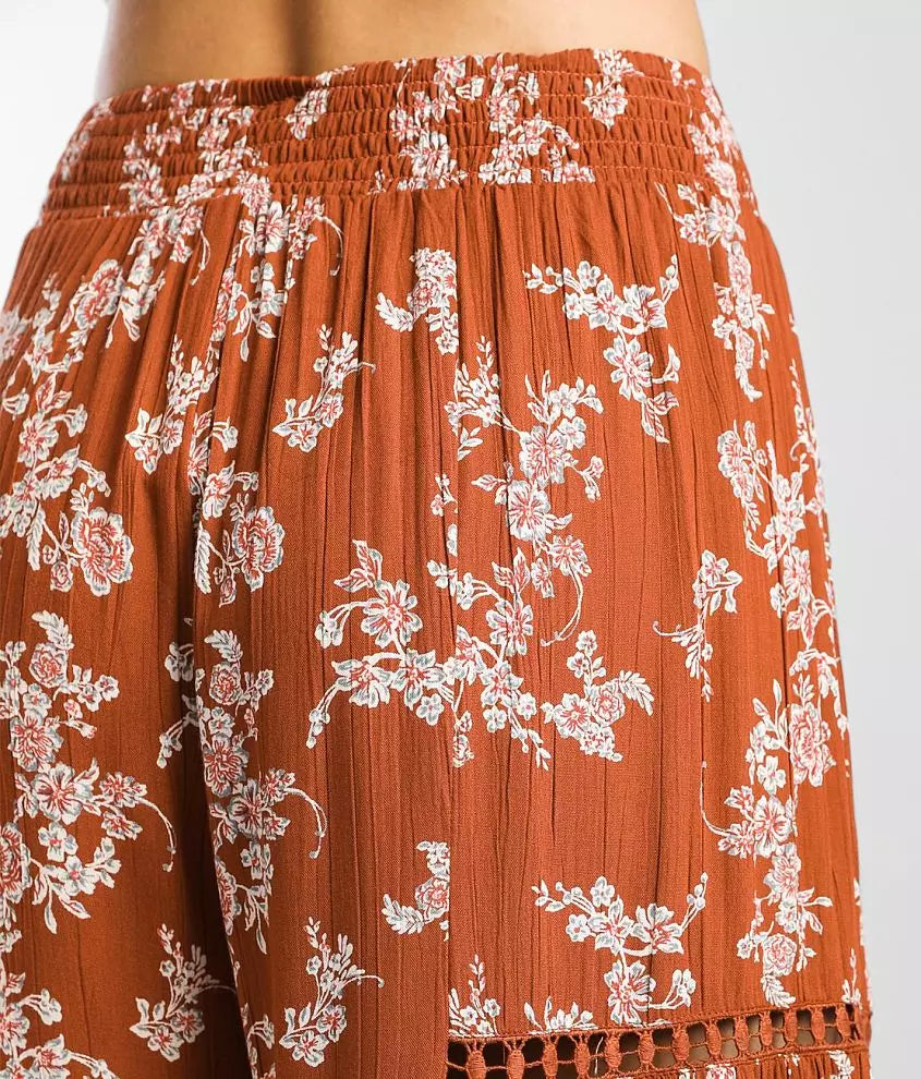 Floral Wide-Leg Crepe Pant with Lace Detail/ Rust