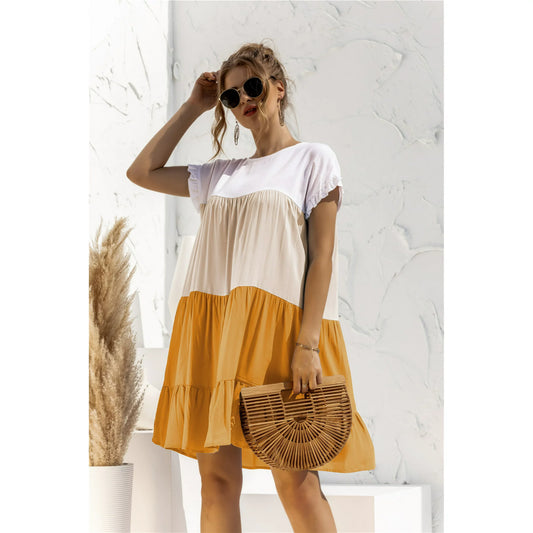 Color Block Ruffled Short Sleeve A-Line Dress/ Canary Cream
