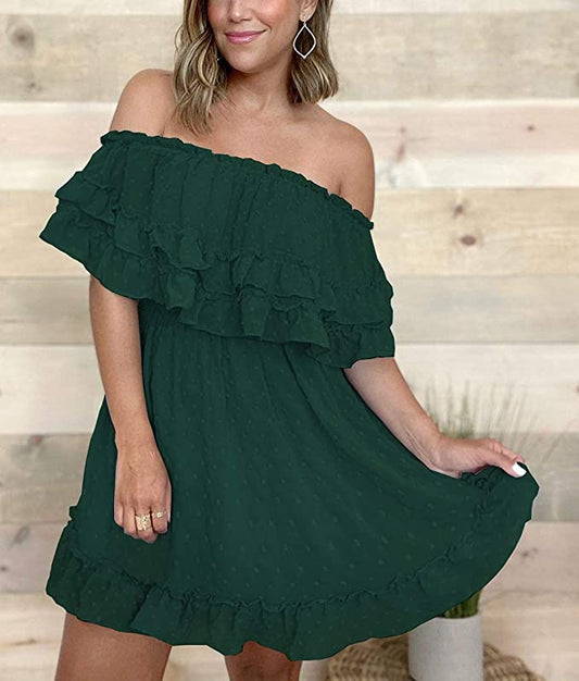 Flowy Off Shoulder Speckled Ruffle Mini Dress/ Emerald