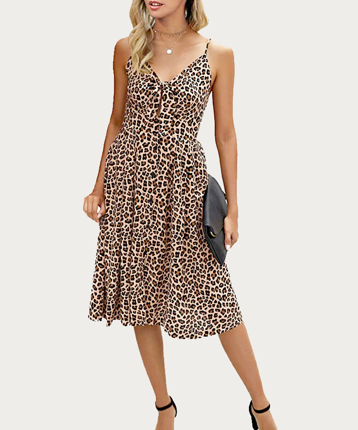 Sexy Front V Neck Spaghetti Strap Button Down Midi Dress/ Leopard