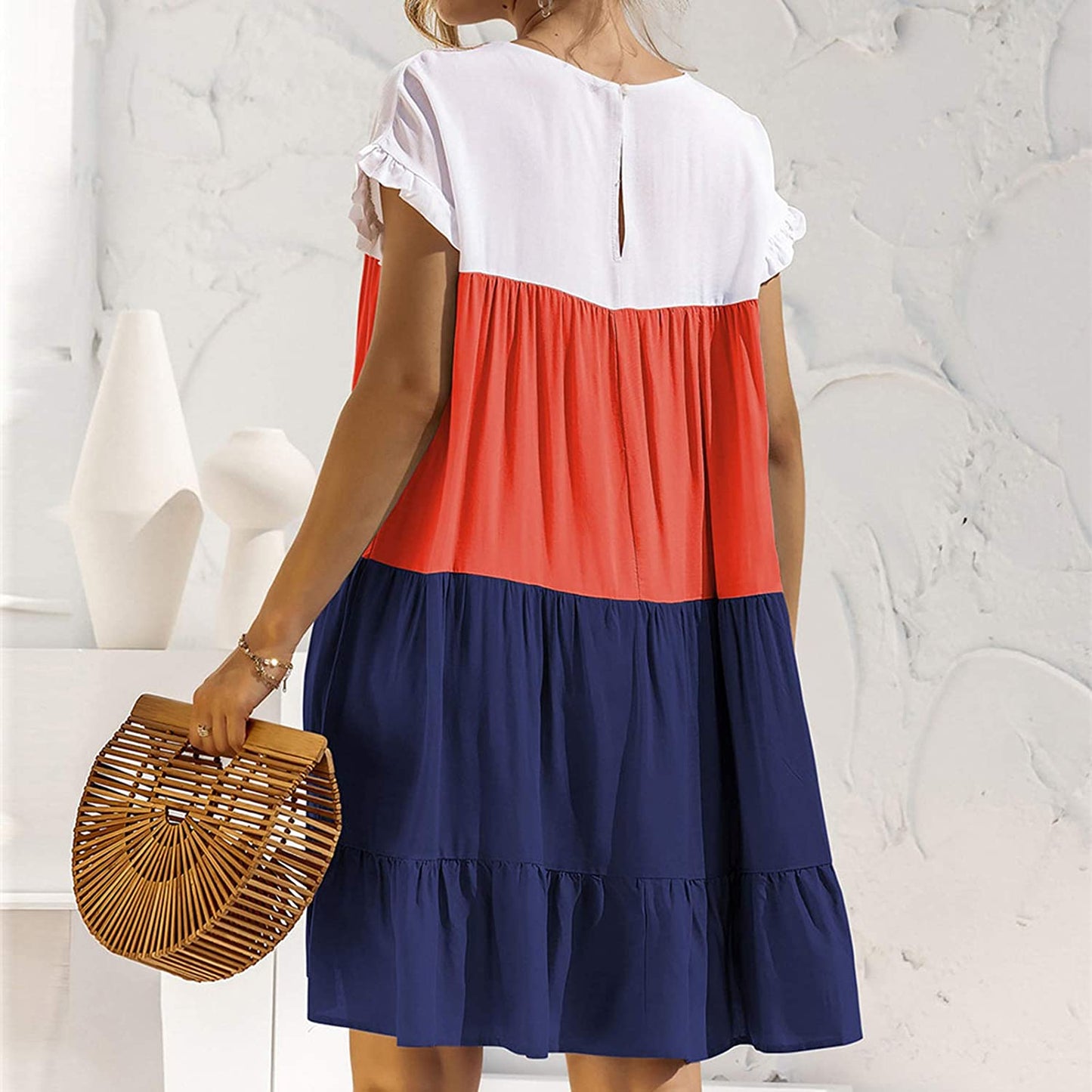 Color Block Ruffled Short Sleeve A-Line Dress/ Navy Tangerine