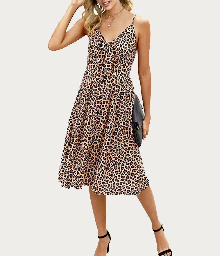 Sexy Front V Neck Spaghetti Strap Button Down Midi Dress/ Leopard