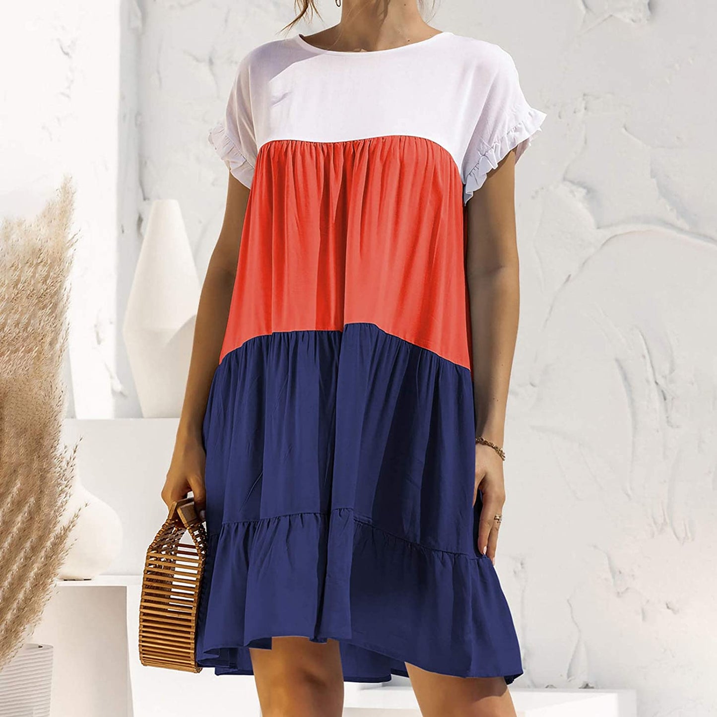 Color Block Ruffled Short Sleeve A-Line Dress/ Navy Tangerine