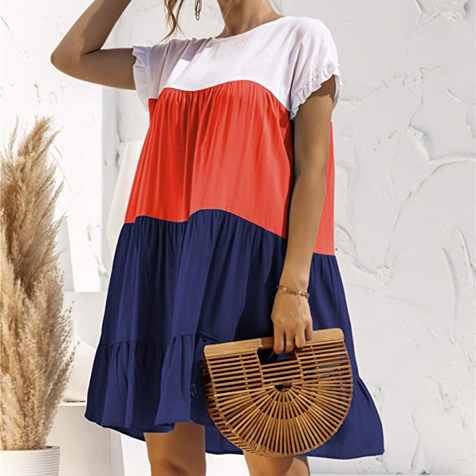 Color Block Ruffled Short Sleeve A-Line Dress/ Navy Tangerine