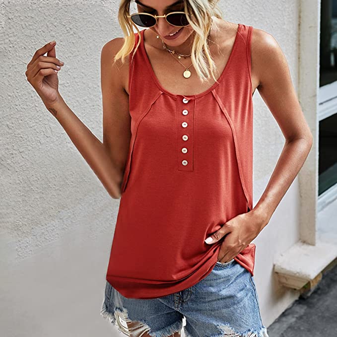 Summer Tank U-Neck Button Casual Tank/ Burnt Orange