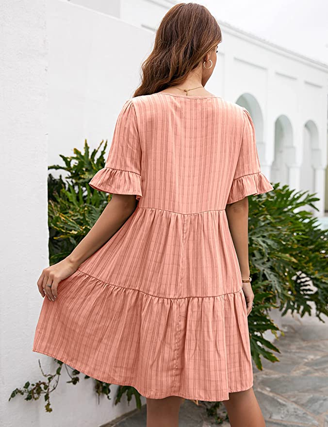 Tassel Tie-Neck Boho Beach Ruffle Dress/ Blush