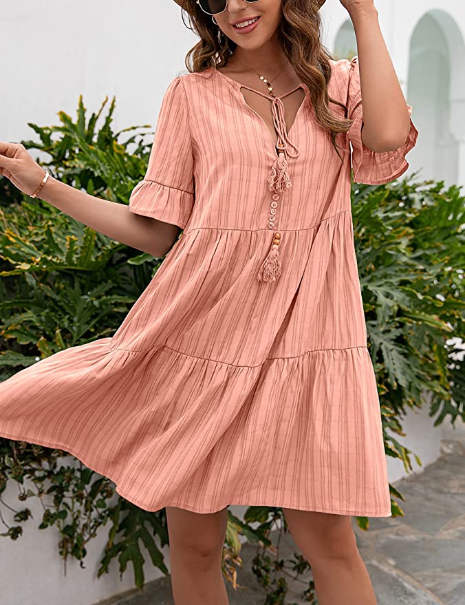 Tassel Tie-Neck Boho Beach Ruffle Dress/ Blush