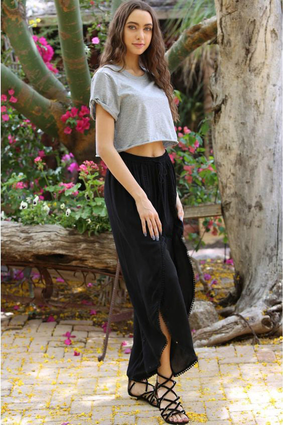 Fly-Away Crepe High-Waisted, Wide-Leg Pant with Pom Pom Tie/ Black