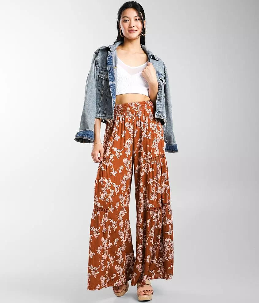 Floral Wide-Leg Crepe Pant with Lace Detail/ Rust