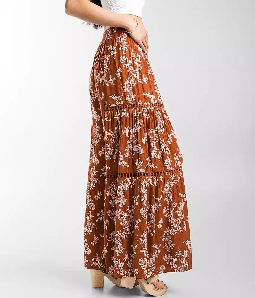 Floral Wide-Leg Crepe Pant with Lace Detail/ Rust