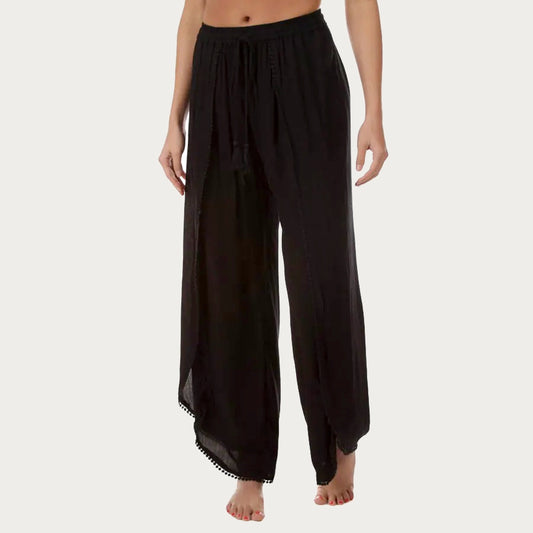 Fly-Away Crepe High-Waisted, Wide-Leg Pant with Pom Pom Tie/ Black