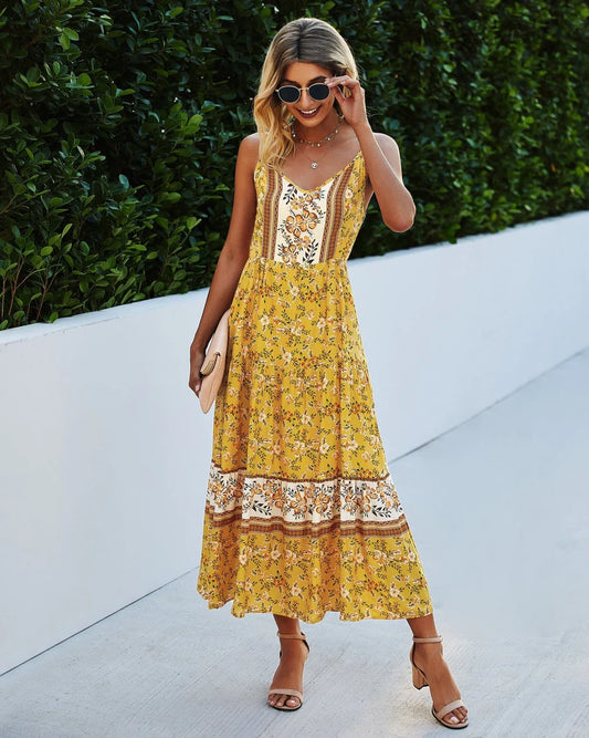 V-Neck Floral Strappy Maxi Dress