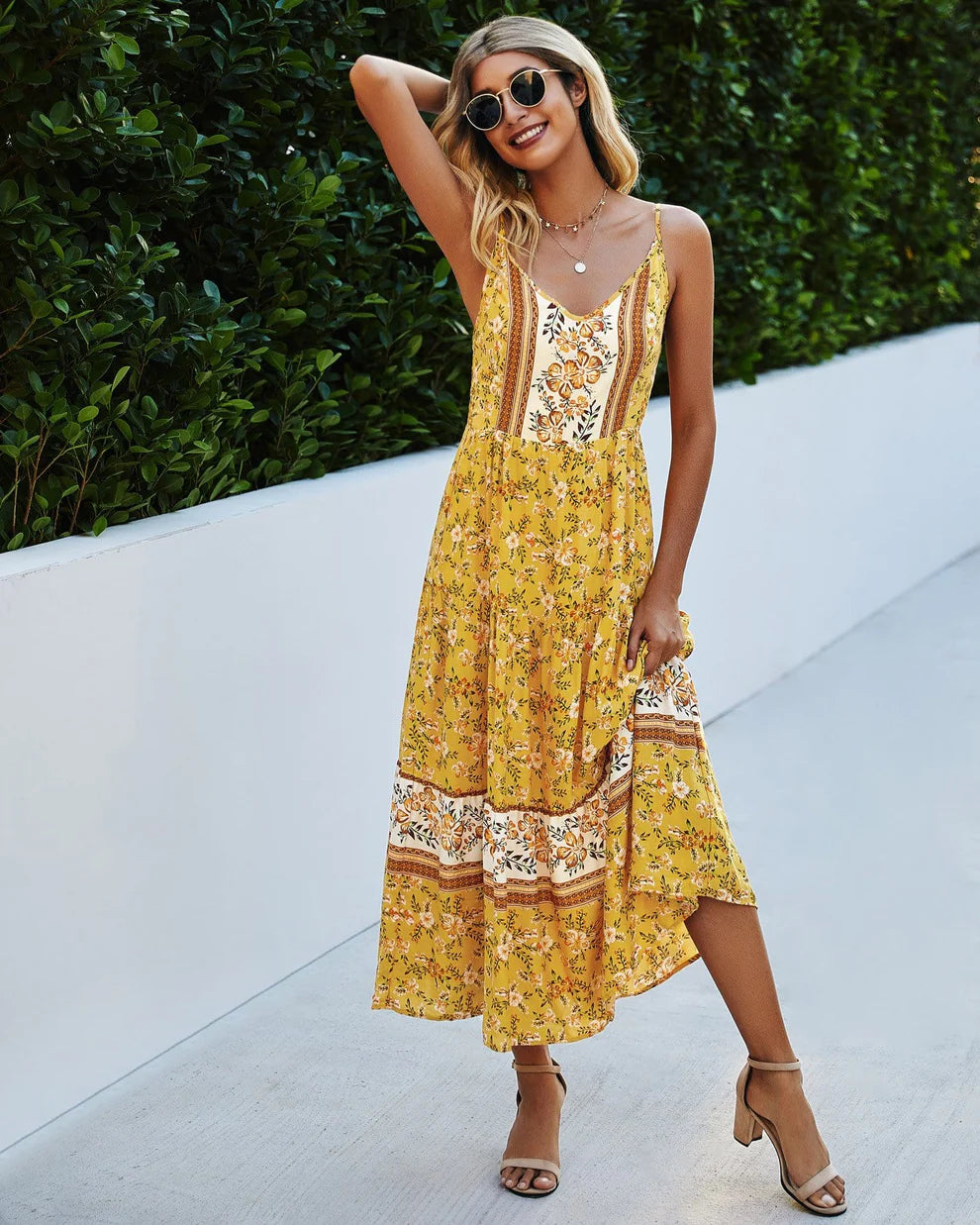 V-Neck Floral Strappy Maxi Dress