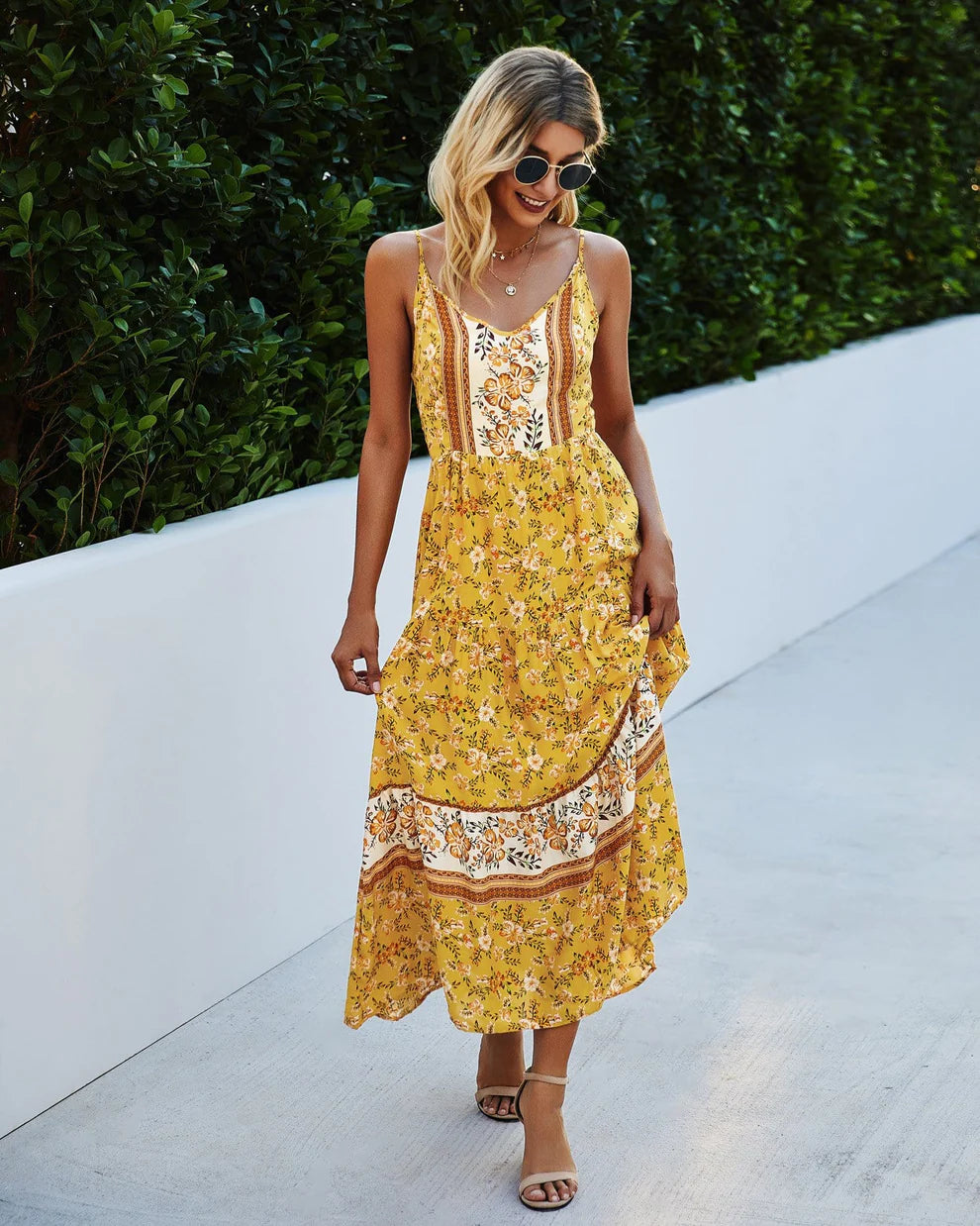 V-Neck Floral Strappy Maxi Dress