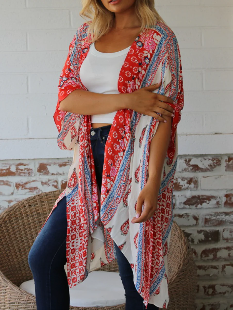 Printed Paisley, Open Front Kimono/ Red & Blue Bandana