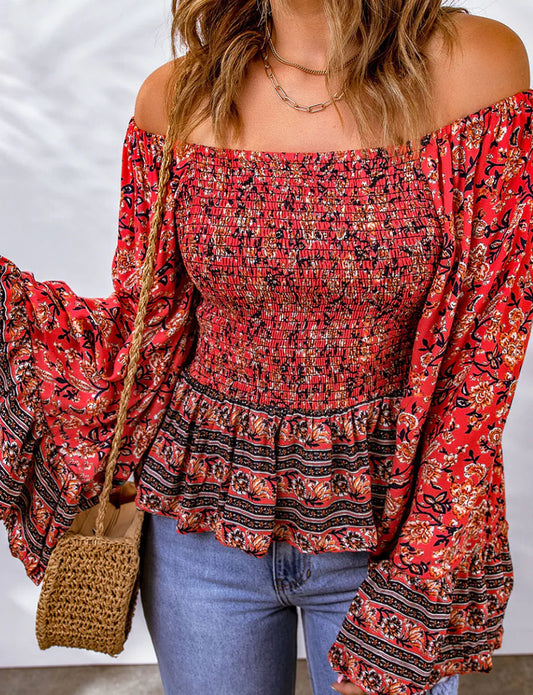 Floral Print Off-Shoulder Smocked Flared Sleeve Top/ Red
