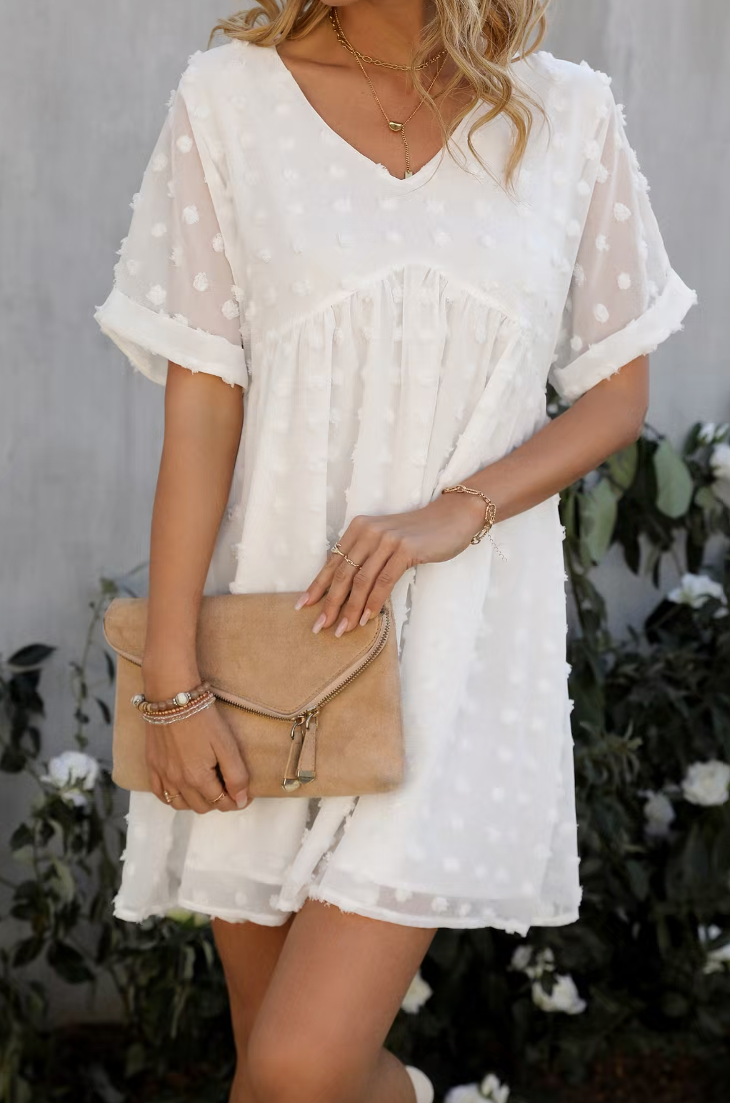 Embroidered Dotted V-Neck Baby Doll Dress/ Cream