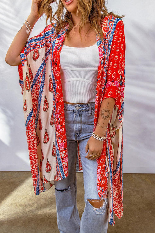 Printed Paisley, Open Front Kimono/ Red & Blue Bandana