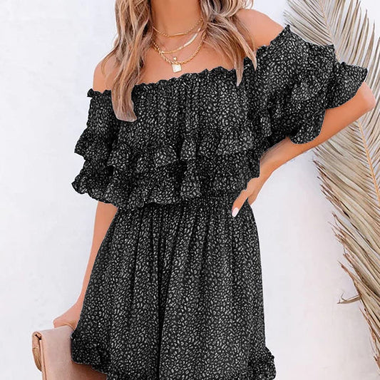 Flowy Off Shoulder Speckled Ruffle Mini Dress/ Black & White
