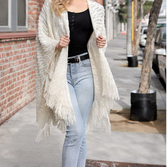 Soft Diagonal Knit Tassel Trim Ruana