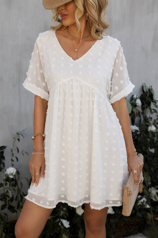 Embroidered Dotted V-Neck Baby Doll Dress/ Cream