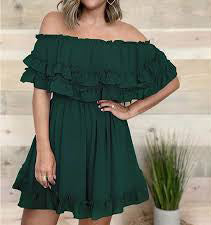 Flowy Off Shoulder Speckled Ruffle Mini Dress/ Emerald