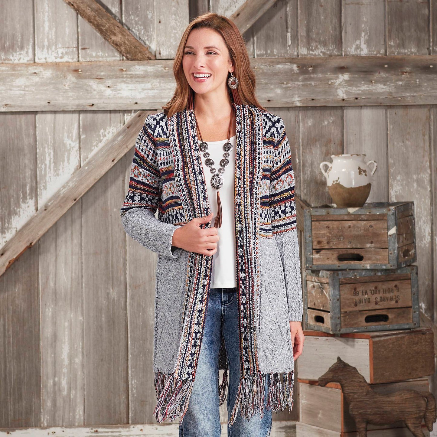 Fringed Boho Cardigan/ Grey
