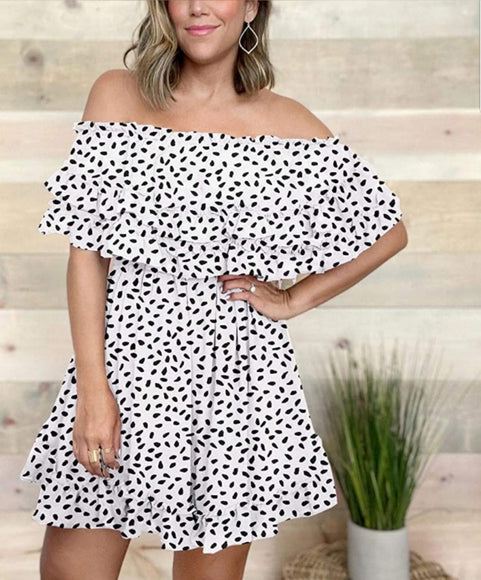 Flowy Off Shoulder Speckled Ruffle Mini Dress/ White & Black