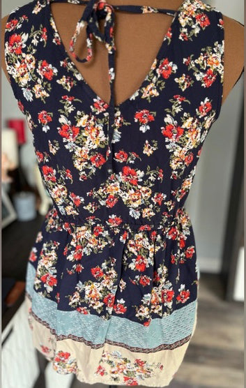 Sleeveless Summer Top with Cross Front Detail/ Navy Floral