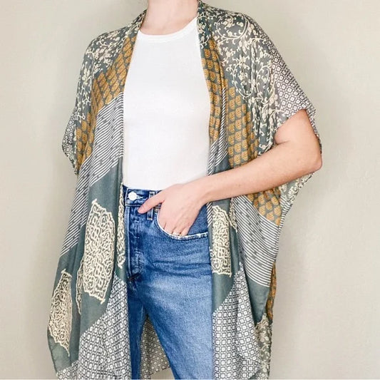 Printed Kimono Duster Open Cardigan Wrap/ No Size