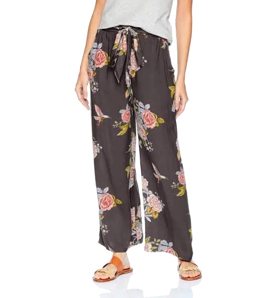 Floral Wide-Leg Pant with Front Tie Detail/ Blue Grey