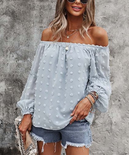 Romantic Pom Pom Polka Dot Off-Shoulder Top/ Powder Blue