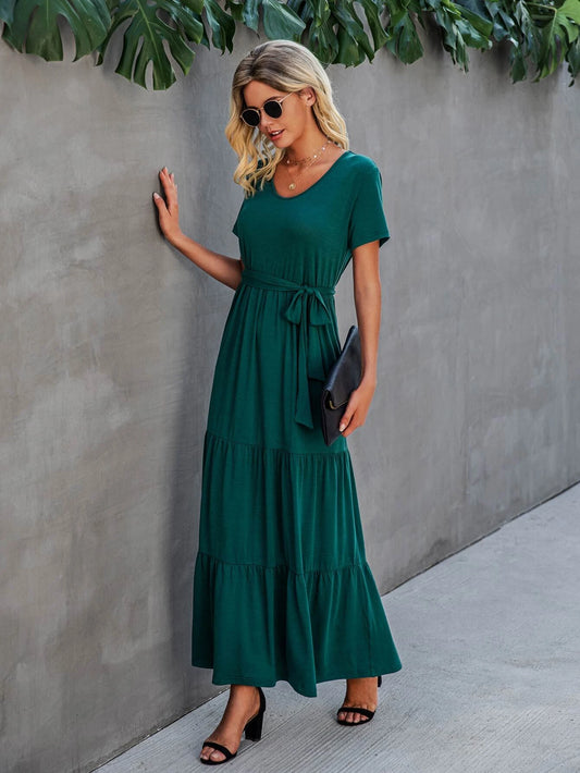 Solid Ruffle Hem Belted Maxi Dress/ Emerald