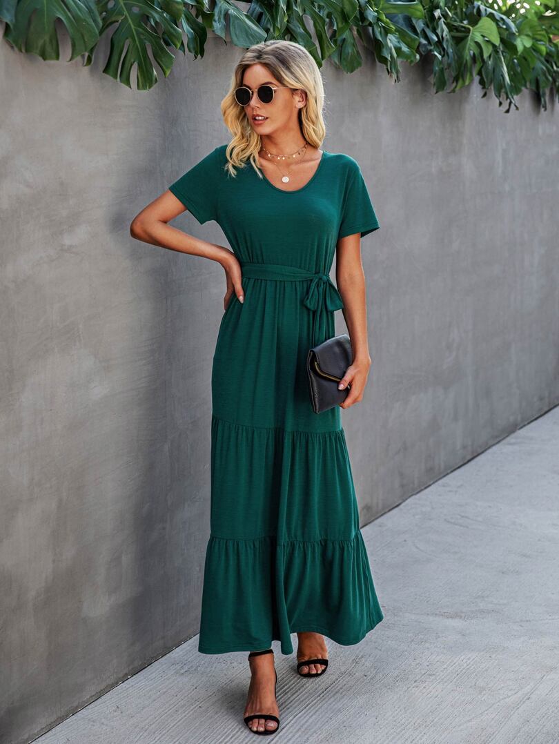 Solid Ruffle Hem Belted Maxi Dress/ Emerald