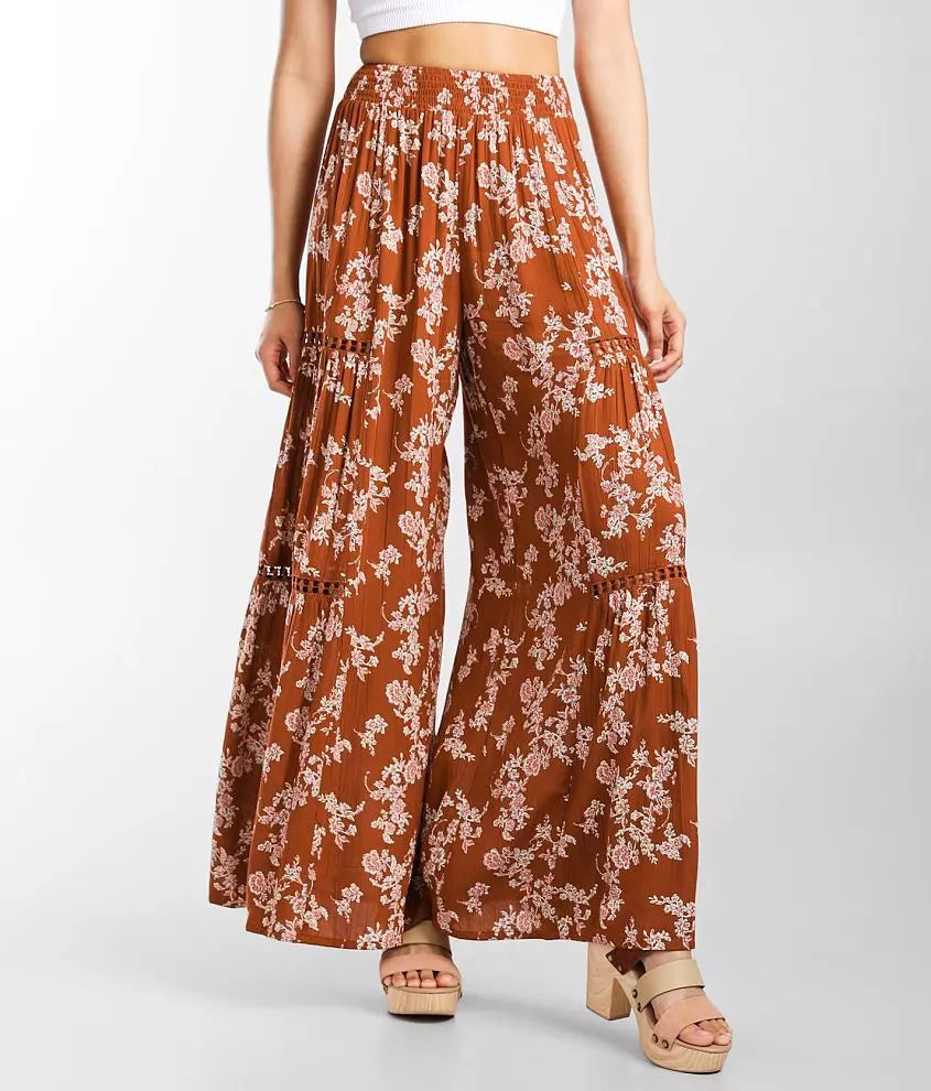 Floral Wide-Leg Crepe Pant with Lace Detail/ Rust
