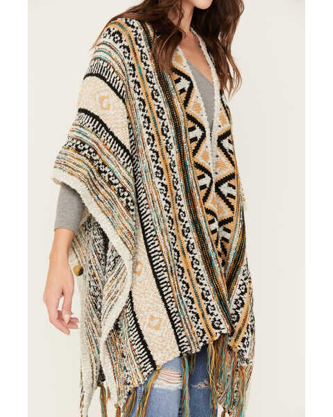 Southwestern Print Fringe Sweater Shawl/ Gold