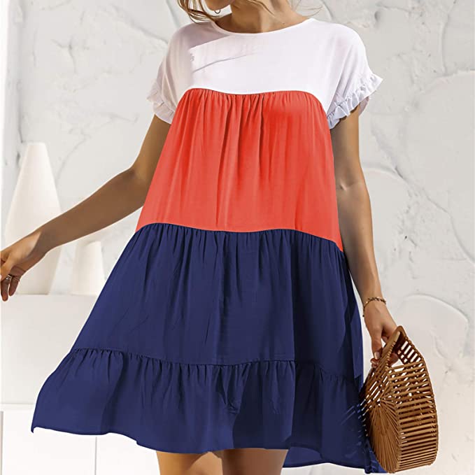 Color Block Ruffled Short Sleeve A-Line Dress/ Navy Tangerine