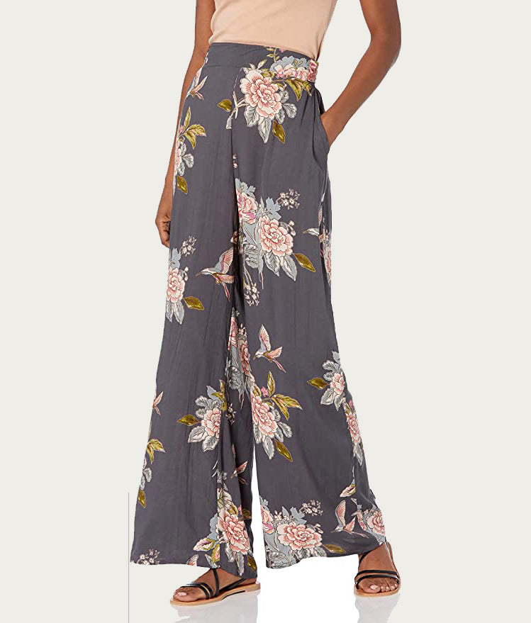 Floral Wide-Leg Pant with Front Tie Detail/ Blue Grey