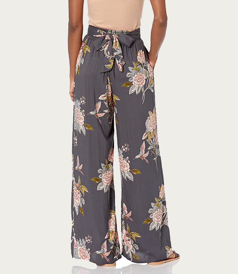 Floral Wide-Leg Pant with Front Tie Detail/ Blue Grey