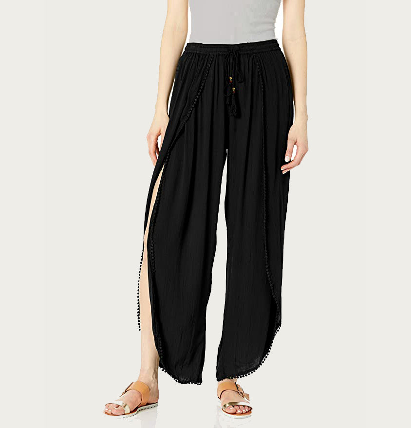 Fly-Away Crepe High-Waisted, Wide-Leg Pant with Pom Pom Tie/ Black