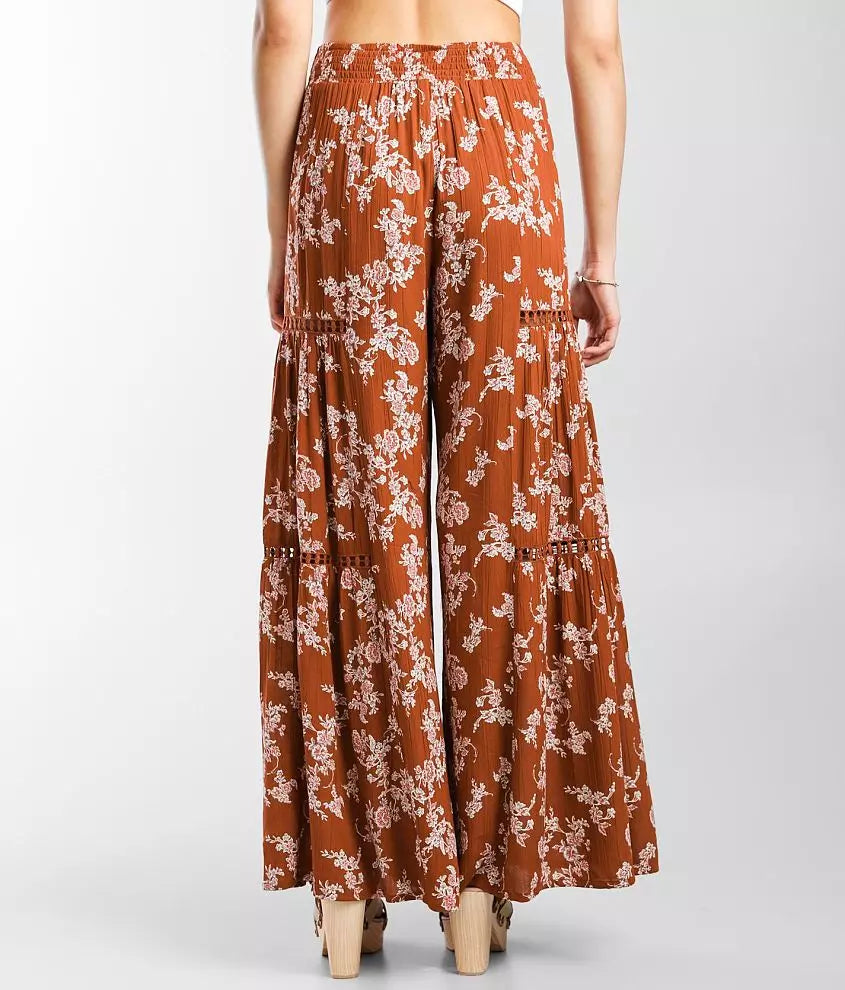 Floral Wide-Leg Crepe Pant with Lace Detail/ Rust
